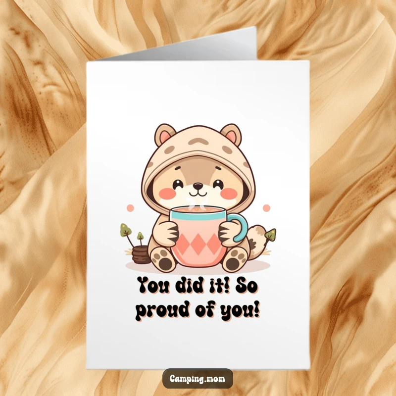 Funny Free Printable Congrats Card: Kawaii animal offers a warm, steaming cup of cocoa with a congratulatory smile.