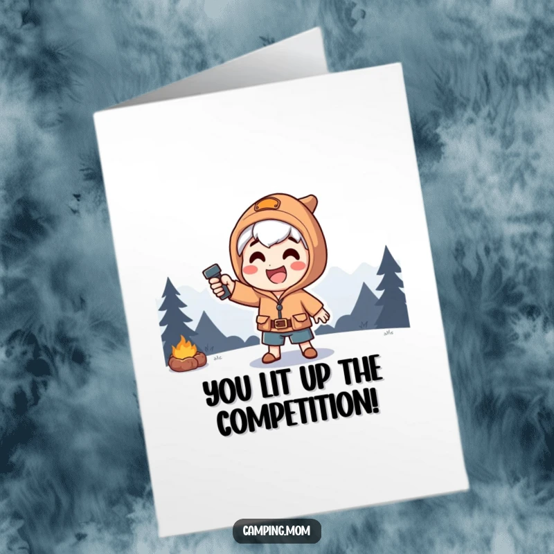Funny Free Printable Congratulations Card: A triumphant camper poses dramatically under a bright flashlight beam, celebrating a big win.