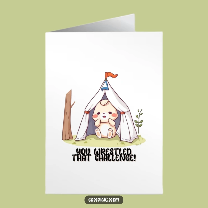 Free Printable Congrats Card: Funny Camping Animal Tent Struggle Design for a Downloadable Gift