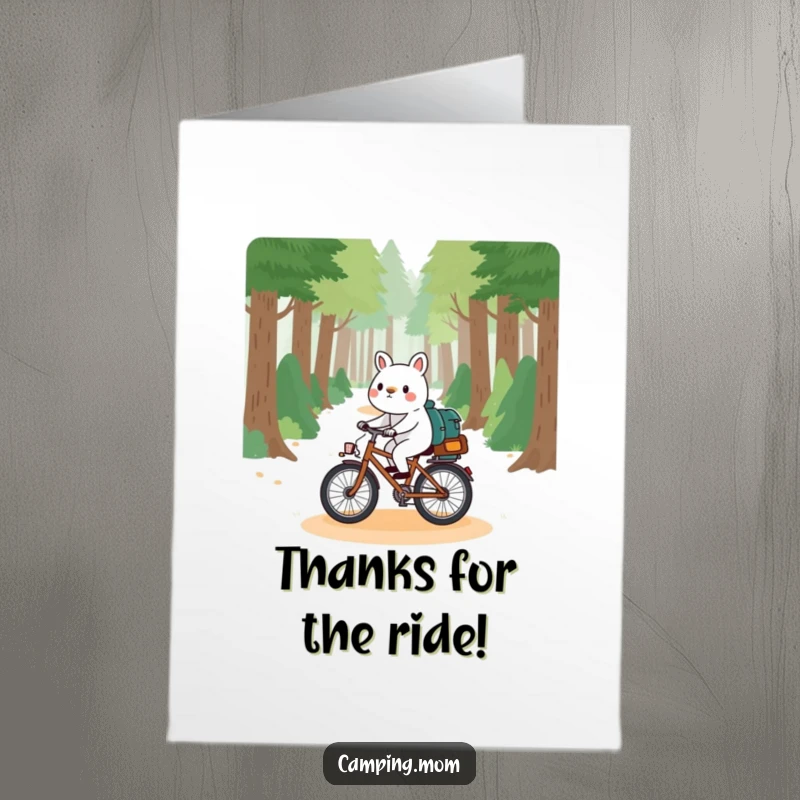 Funny Free Printable Thank You Card: a playful camping animal character cycling down a forest path, sending thanks.