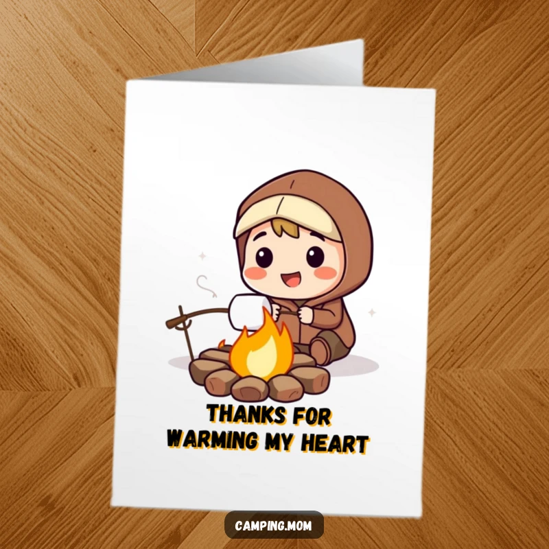 Funny Free Printable Thank You Card: A cheerful camper roasts a marshmallow, perfect for conveying warm appreciation and thanks.