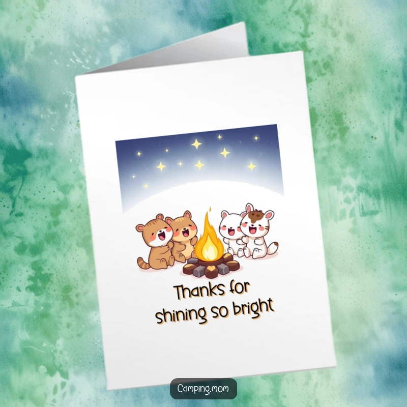 Funny Free Printable Thank You Card: Animal characters huddling around a glowing campfire under stars, expressing thanks.