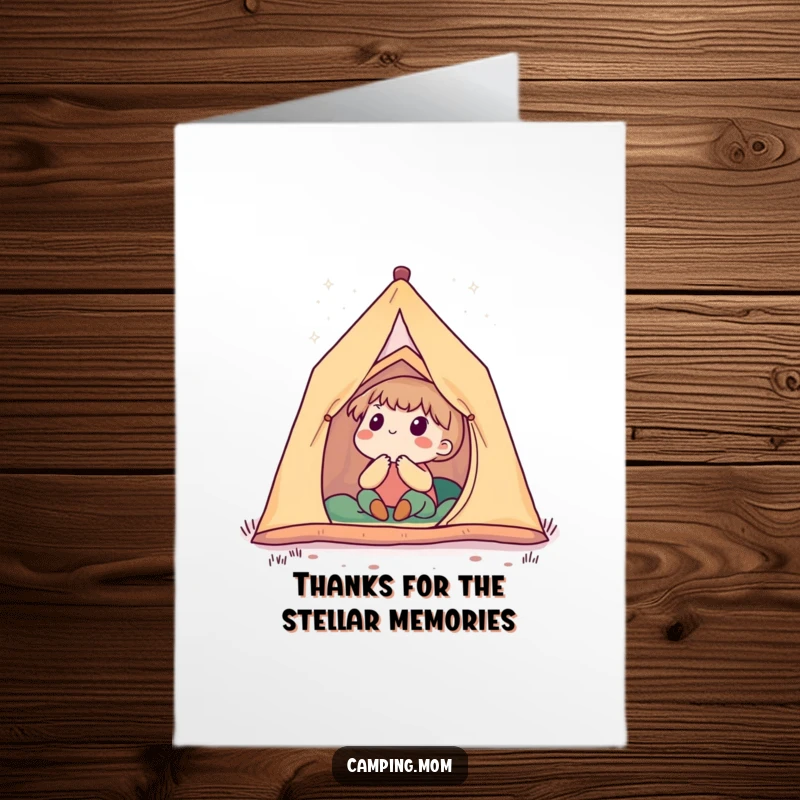 Funny Free Printable Thank You Card: Adorable camping character looking up at stars, conveying deep appreciation and wonder.