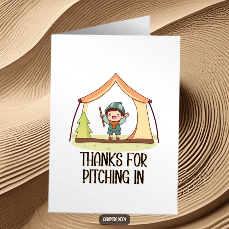 Funny Free Printable Thank You Card: A camper comically sets up a tent with comically large poles, conveying thanks.