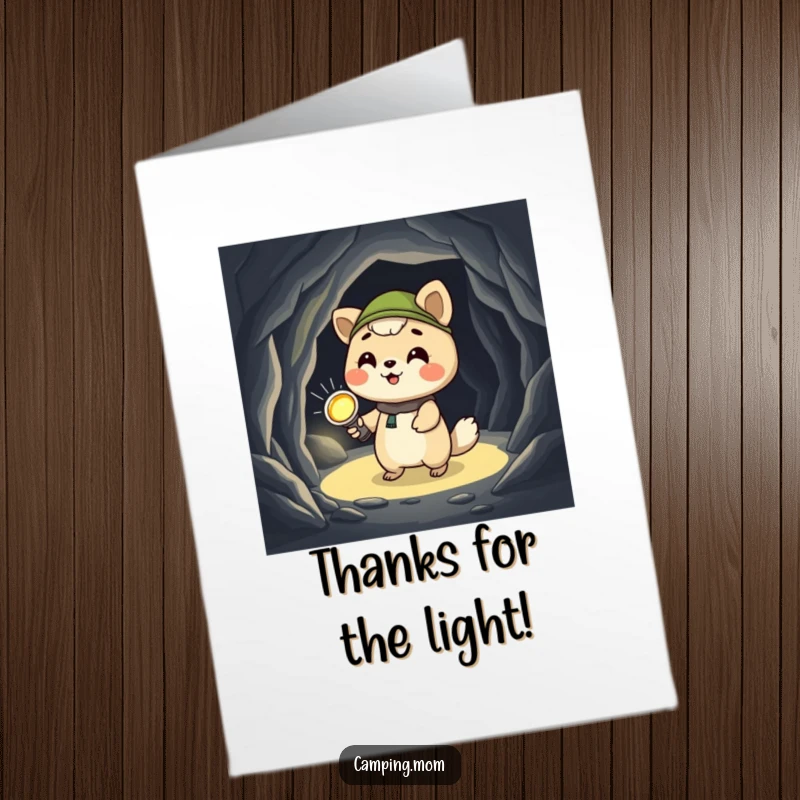 Funny Free Printable Thank You Card: a giggling camping animal character with a flashlight exploring a dark cave, offering thanks.