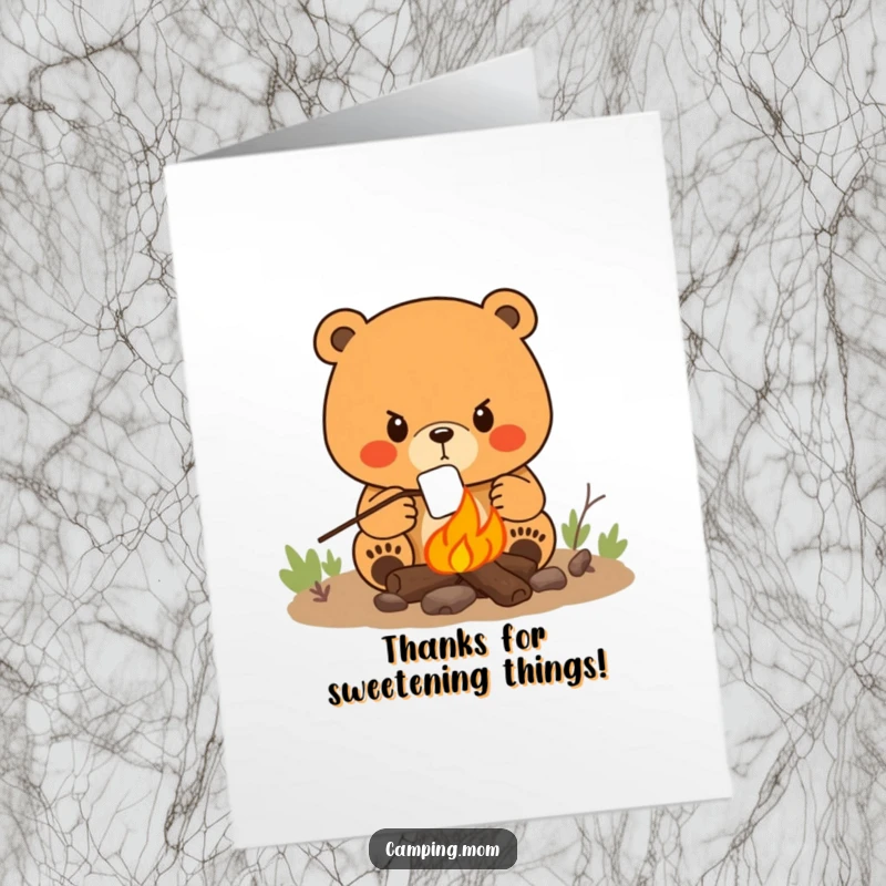 Funny Free Printable Thank You Card: Grateful mama bear with determined look roasts a marshmallow over a campfire, thanking you.