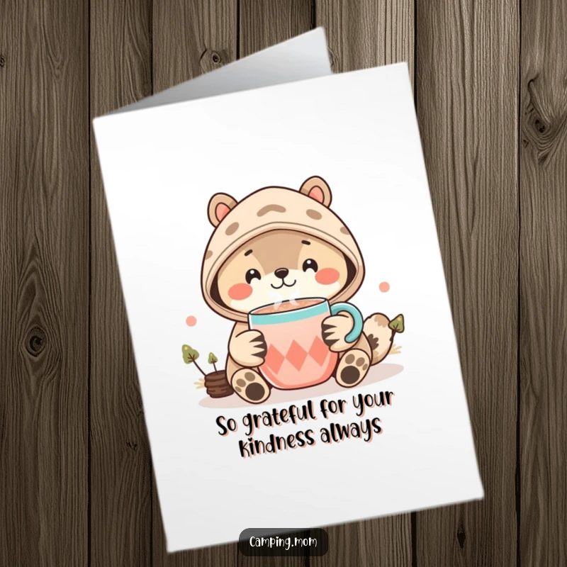 Funny Free Printable Thank You Card: A cute kawaii animal extends a steaming cup of cocoa as a gesture of thanks.
