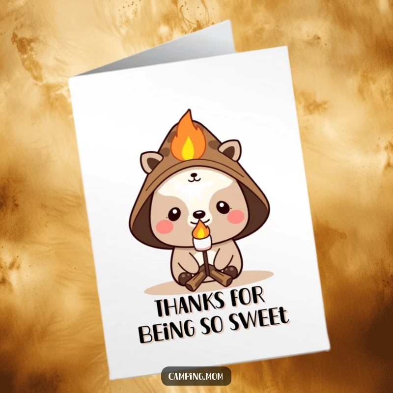 Funny Free Printable Thank You Card: Cheerful animal character in campfire hat roasting a marshmallow, expressing thanks.