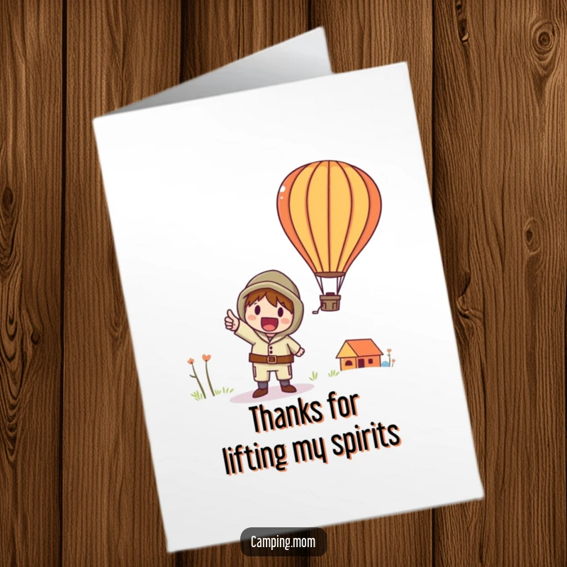 Funny Free Printable Thank You Card: A whimsical camper joyfully points at a soaring hot air balloon, expressing heartfelt thanks.