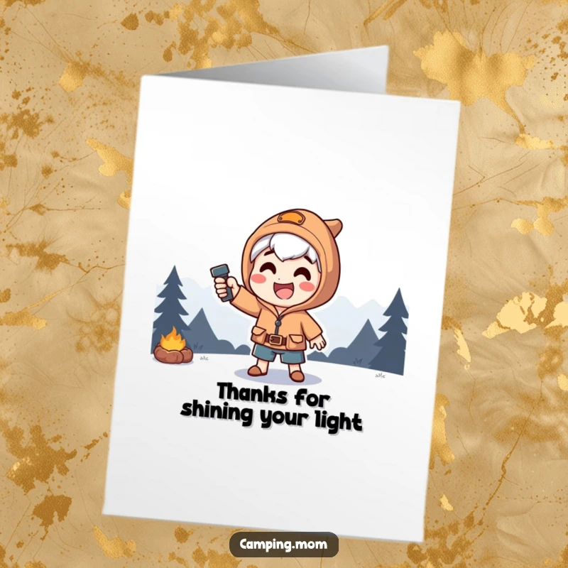 Funny Free Printable Thank You Card: A dramatic camper poses with a flashlight beam, conveying thanks with theatrical flair.