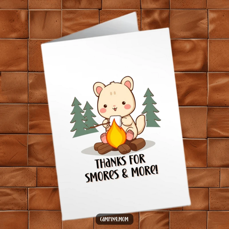 Funny Free Printable Thank You Card: grateful camping animal character roasting a marshmallow by a cozy campfire expressing thanks.