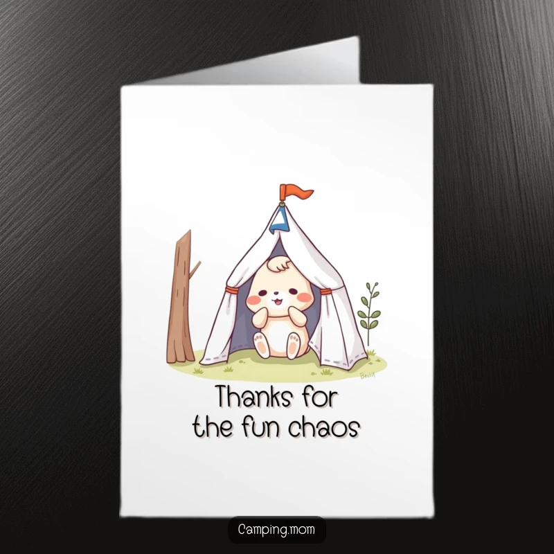 Funny Free Printable Thank You Card: Playful animal character struggling comically to set up a tent, perfect for a downloadable gift.