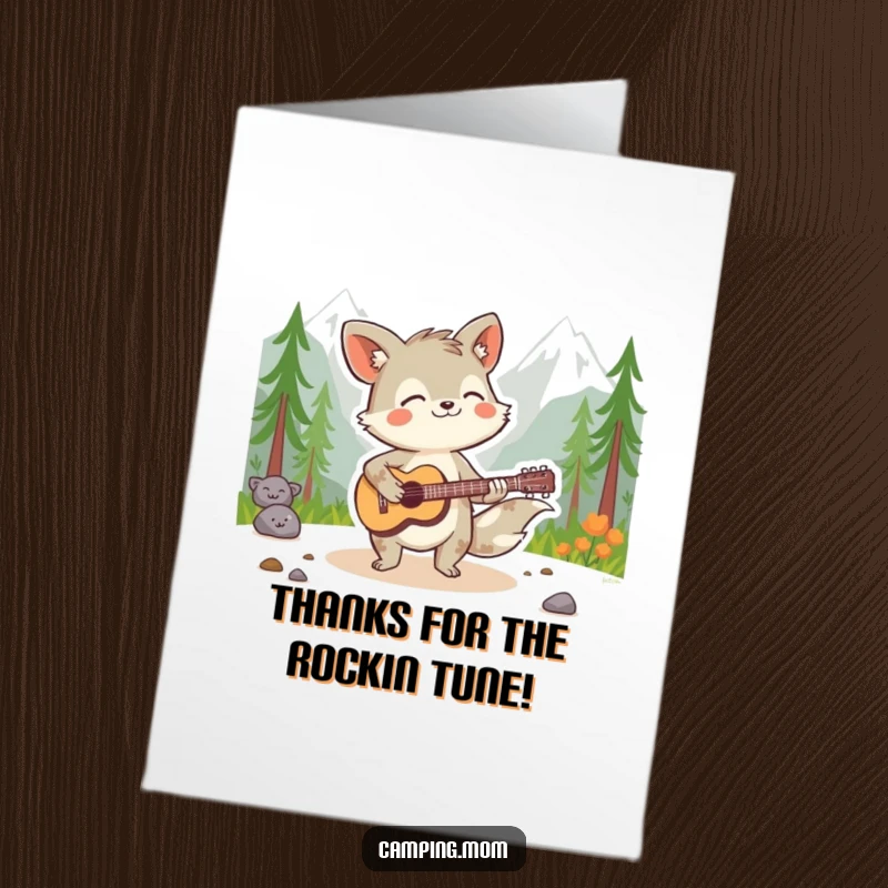 Funny Free Printable Thank You Card: Spirited animal character playing guitar in the wilderness, sending musical thanks.