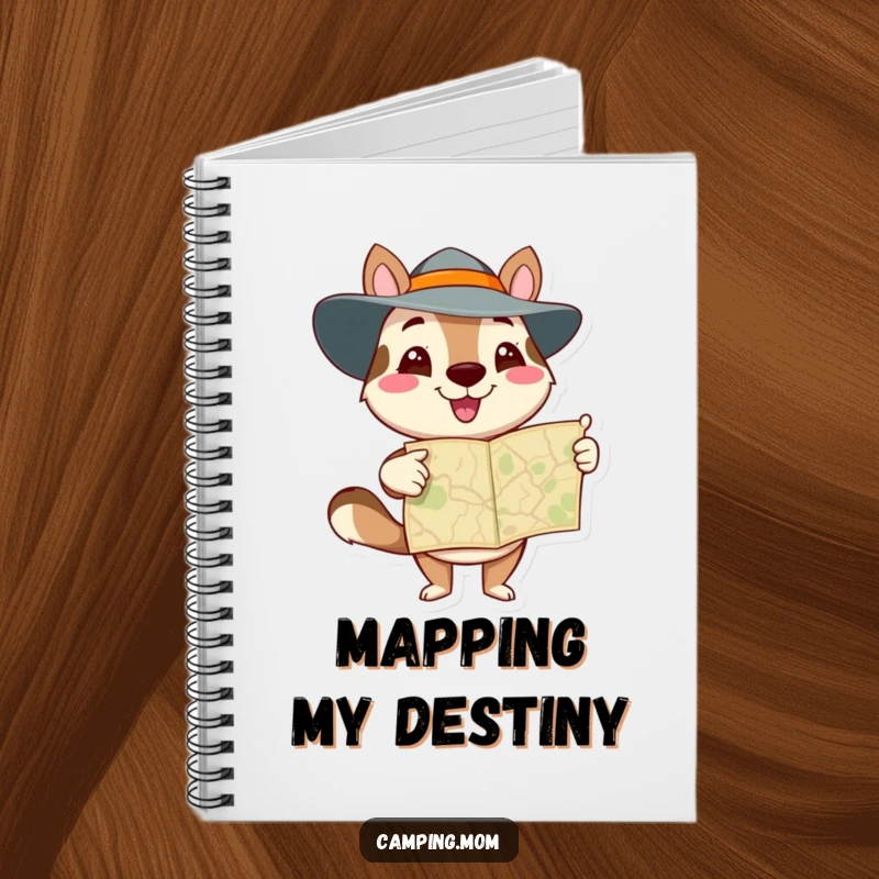 Funny animal character pointing at a map, ready to jot down adventures, in a humorous notebook.