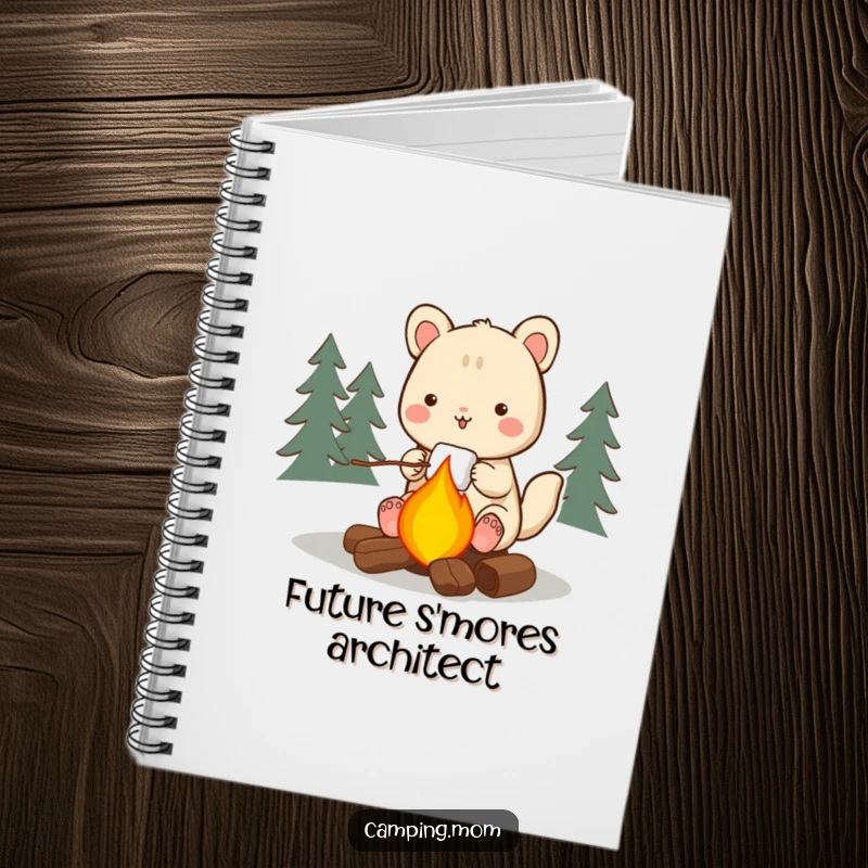 Funny camping animal notebook cover, happy camper roasting a marshmallow over a campfire, inspiring outdoor adventures and creative thoughts.