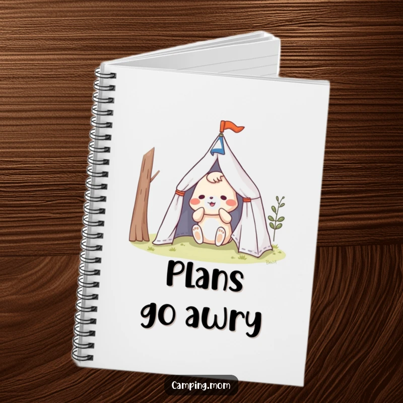 Funny animal character in a comical mess with a tent, on a humorous camping notebook.