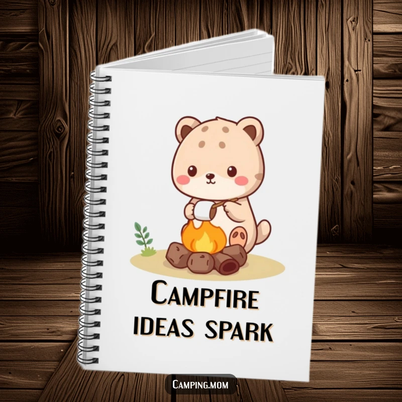 Funny kawaii camping animal notebook featuring a cute creature roasting a marshmallow over a tiny campfire.