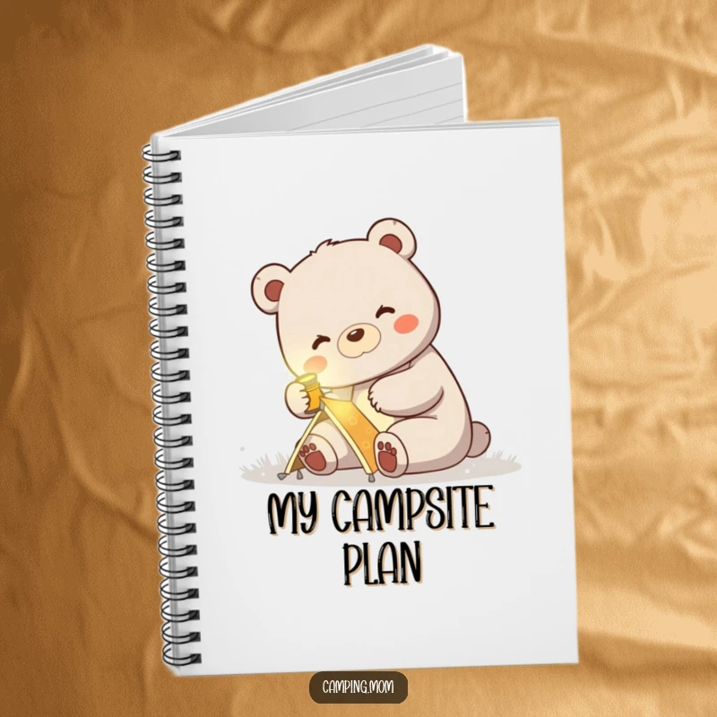 Funny notebook with a mama bear wearing a headlamp, setting up a tent, perfect for camping trip planning.