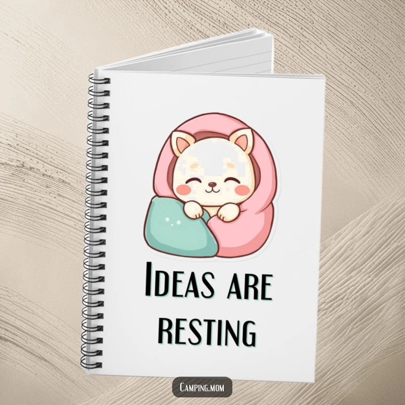 Funny animal character sleeping soundly in a cozy sleeping bag, on a humorous notebook.