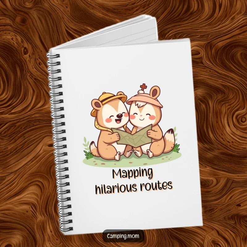 Funny Kawaii camping animal notebook with a cute creature giggling over a map. Perfect for adventure notes. Gift.