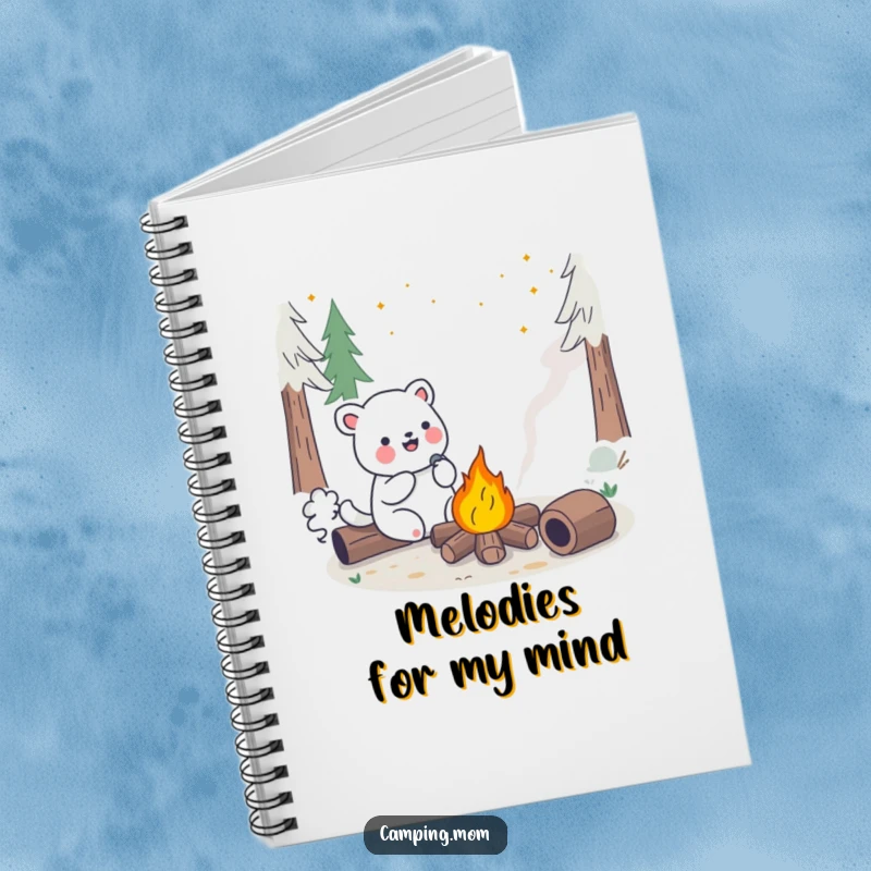 Funny Kawaii Camping Animal Notebook with a cheerful creature singing by a campfire, perfect for writing and journaling.
