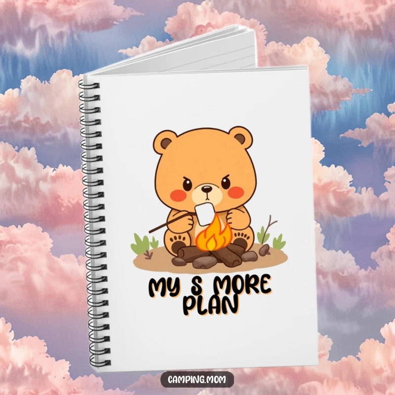 Funny notebook with a determined mama bear roasting a marshmallow over a campfire, perfect for outdoor journaling.