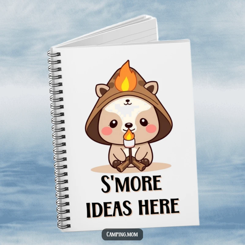 Funny campfire notebook showing a cheerful animal in a hat, roasting a marshmallow, ideal for journaling outdoor experiences.