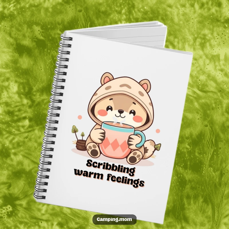 Funny Kawaii Camping Animal Notebook with a cozy smiling creature offering cocoa, perfect for writing, drawing, and daily notes.