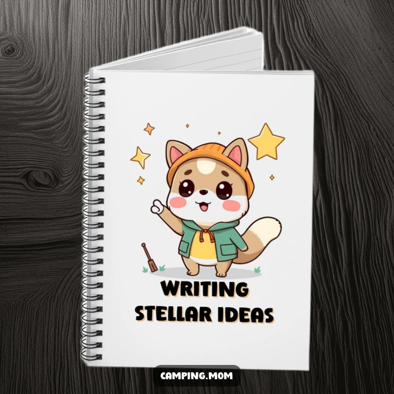 Funny camping animal character pointing at a starry night sky, featured on the cover of a notebook for jotting down thoughts.
