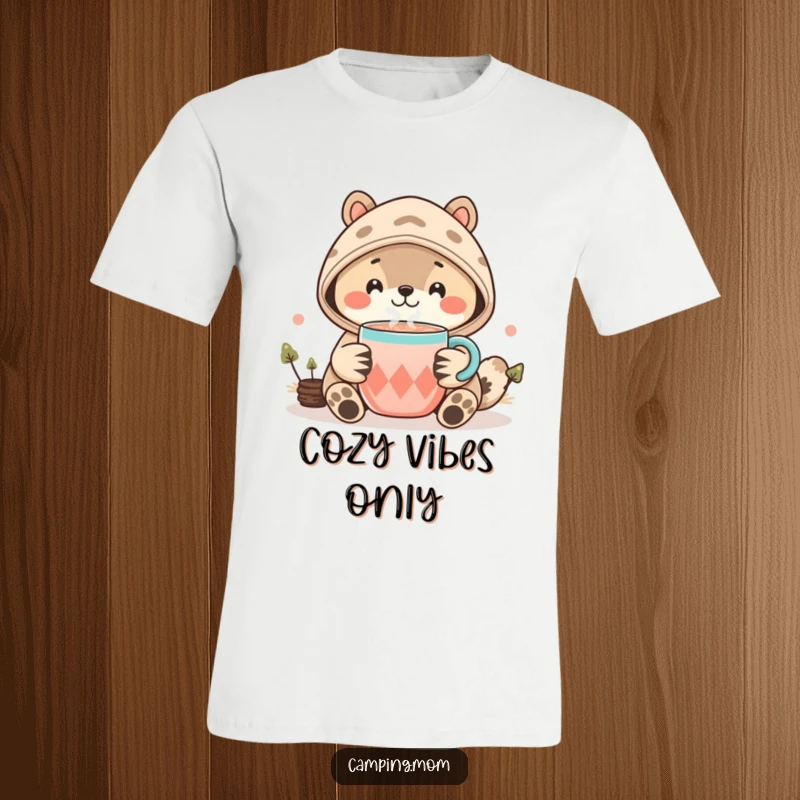Funny Kawaii Camping Animal T-Shirt showing a sweet creature with a cozy smile, offering a steaming cup of cocoa. Great gift idea.