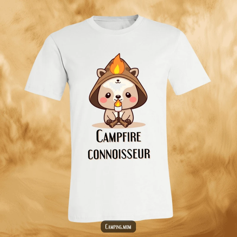 Funny campfire t-shirt with a cheerful animal in a hat, hilariously roasting a marshmallow, perfect for outdoor adventures and humor.