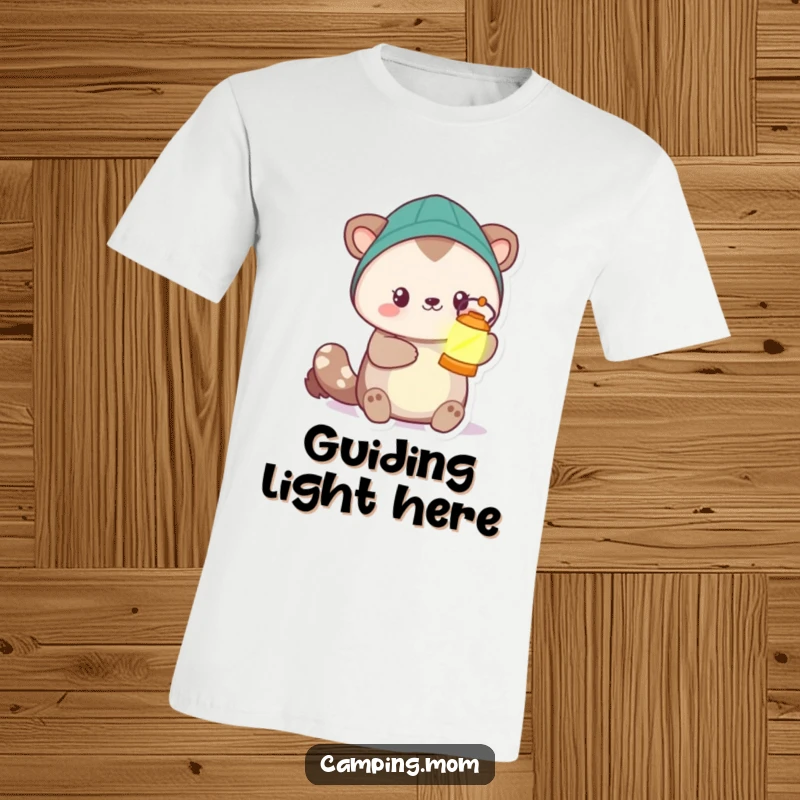 Funny camping animal character holding a luminous lantern, illuminating the path ahead with a warm glow, printed on a t-shirt.