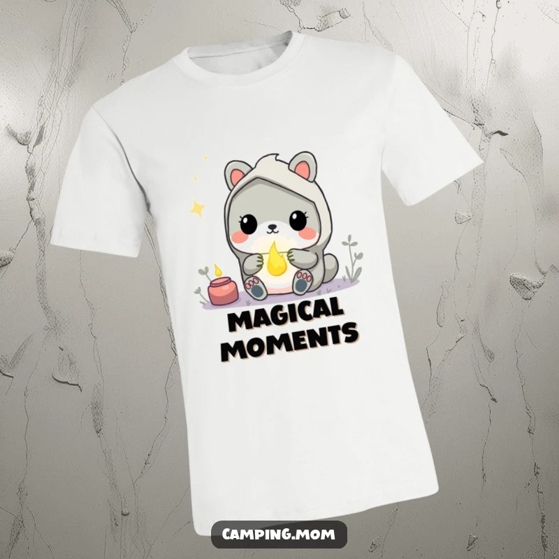 Funny Kawaii Camping Animal T-Shirt featuring a creature mesmerized by a beautiful glowing firefly. Perfect for night lovers.