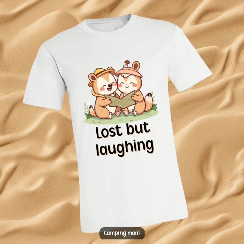 Funny Kawaii camping animal T-shirt of a cute creature giggling while looking at a map. Perfect for outdoor lovers.