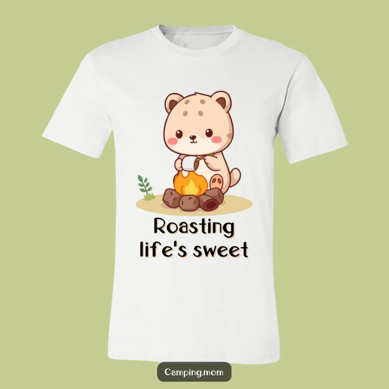Show off your love for camping and cute critters with this funny kawaii t-shirt! An adorable animal is enjoying a perfectly roasted marshmallow.
