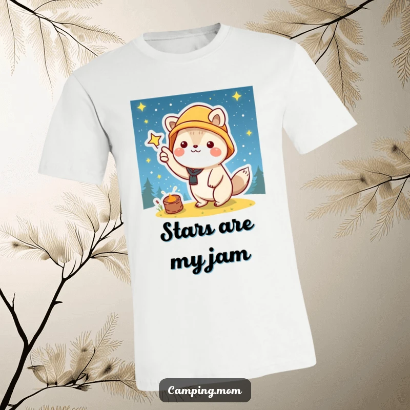 Funny t-shirt featuring a kawaii camping animal joyfully pointing at a vast, starry night sky, celebrating cosmic beauty.