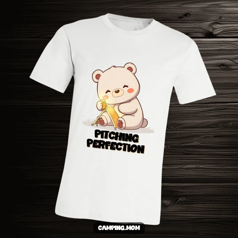 Funny t-shirt featuring a mama bear with a headlamp, cheerfully assembling a small tent, ready for a camping trip.