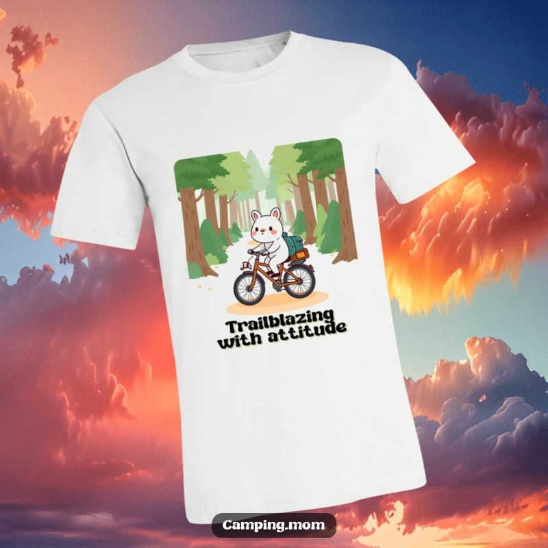 Funny camping animal t-shirt, playfully riding a bicycle down a sun-dappled forest path, capturing the essence of outdoor freedom.