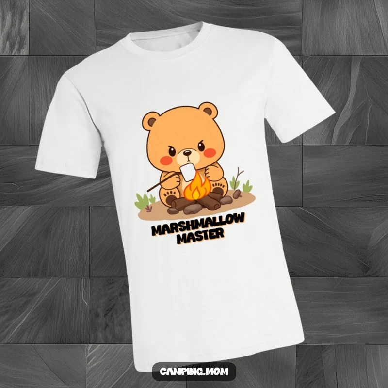 Funny t-shirt of a mama bear with a determined expression, intently roasting a marshmallow over a glowing campfire.