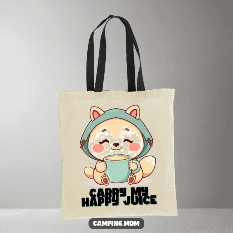 Funny camping mom animal with a steaming mug, perfect for carrying essentials with a touch of humor.