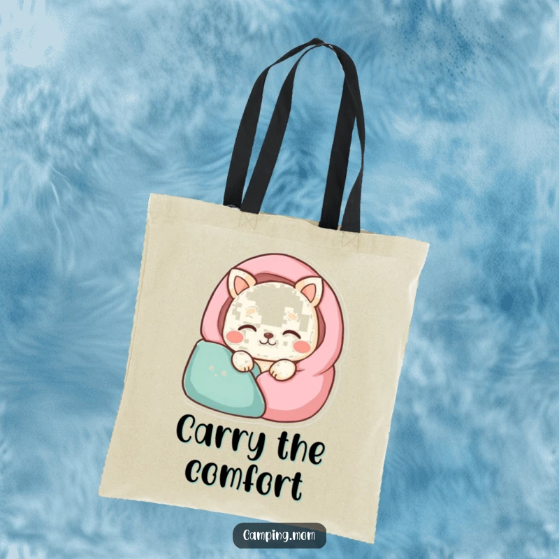 Funny animal character sleeping soundly in a cozy sleeping bag, on a humorous tote bag.