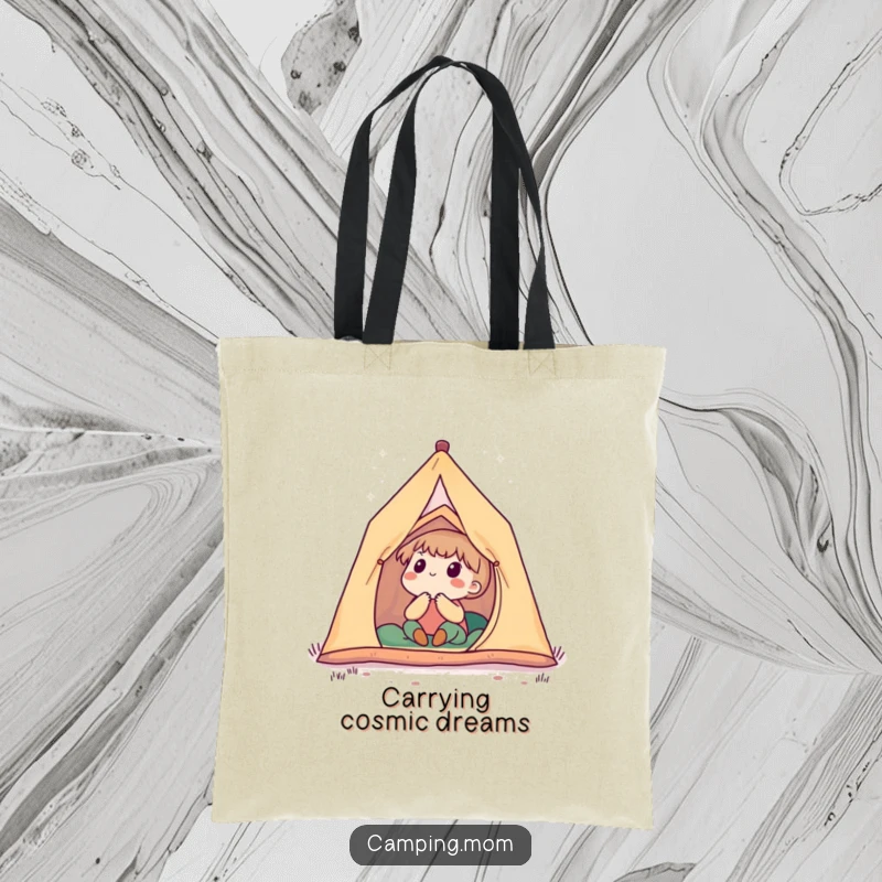 Funny tote bag with a cute camping character inside a tent, captivated by the beauty of a vast, starry night sky above.