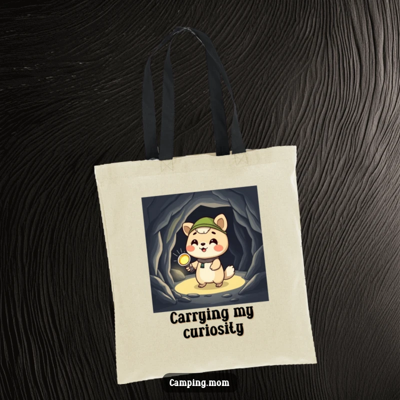 Funny camping animal tote bag, giggling with a flashlight, exploring a dark cave, ready for any expedition or errand.