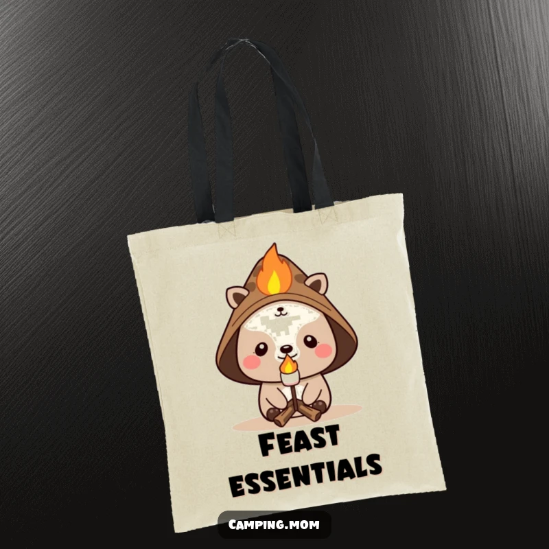 Funny campfire tote bag with a cheerful animal in a hat, hilariously roasting a marshmallow, ideal for outdoor enthusiasts.