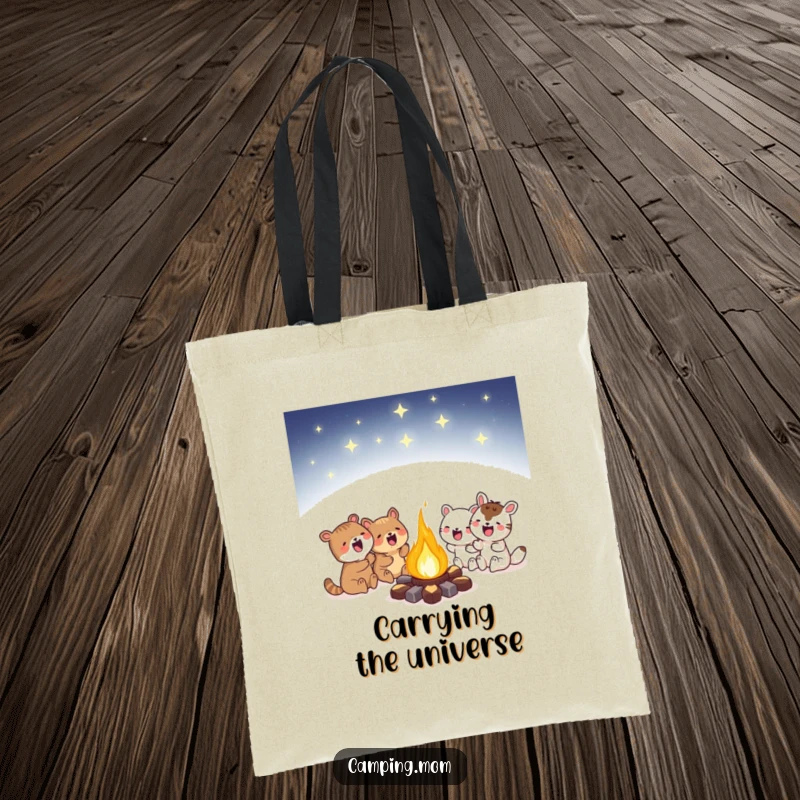 Funny campfire tote bag showcasing animals huddled around a glowing campfire under a starry sky, ideal for lovers of nature.