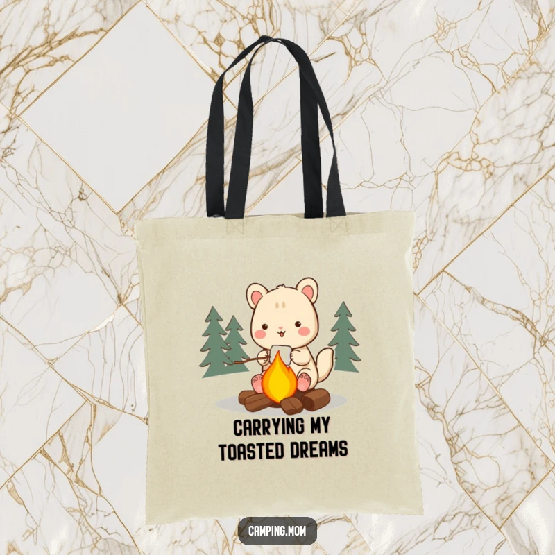 Funny camping animal tote bag, happily roasting a marshmallow over a campfire, ready for grocery runs or outdoor escapades.