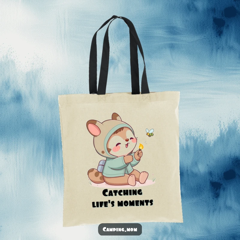 Funny camping mom animal playfully swatting at a firefly, great for carrying treasures with a magical touch.
