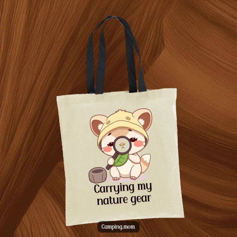 Funny camping mom animal using a magnifying glass to inspect a leaf, making it a practical and humorous accessory.