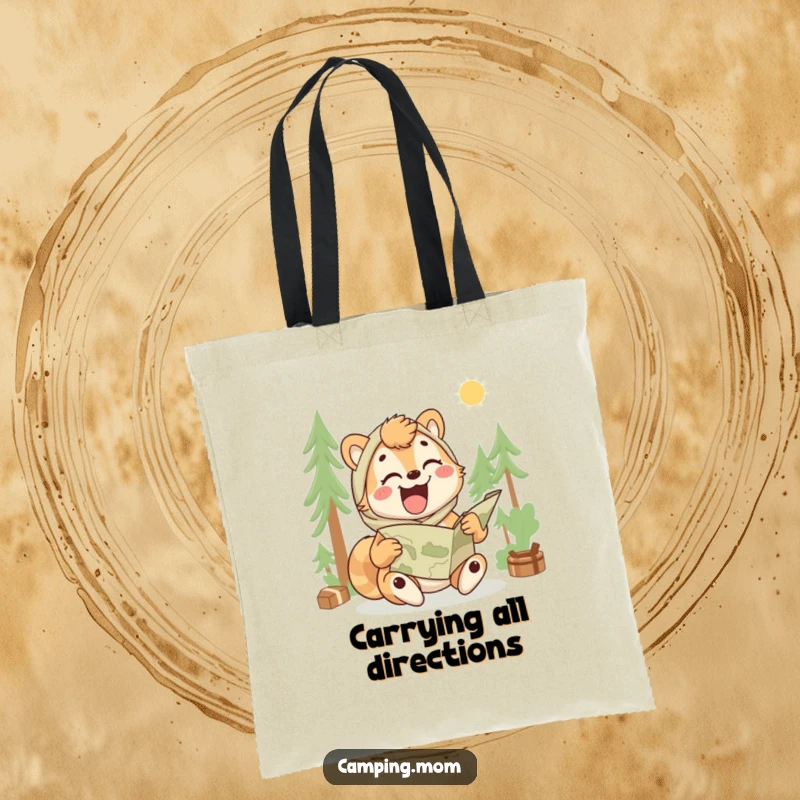 Funny camping mom tote bag showing an animal laughing while trying to unfold a map, humorous adventure carryall.