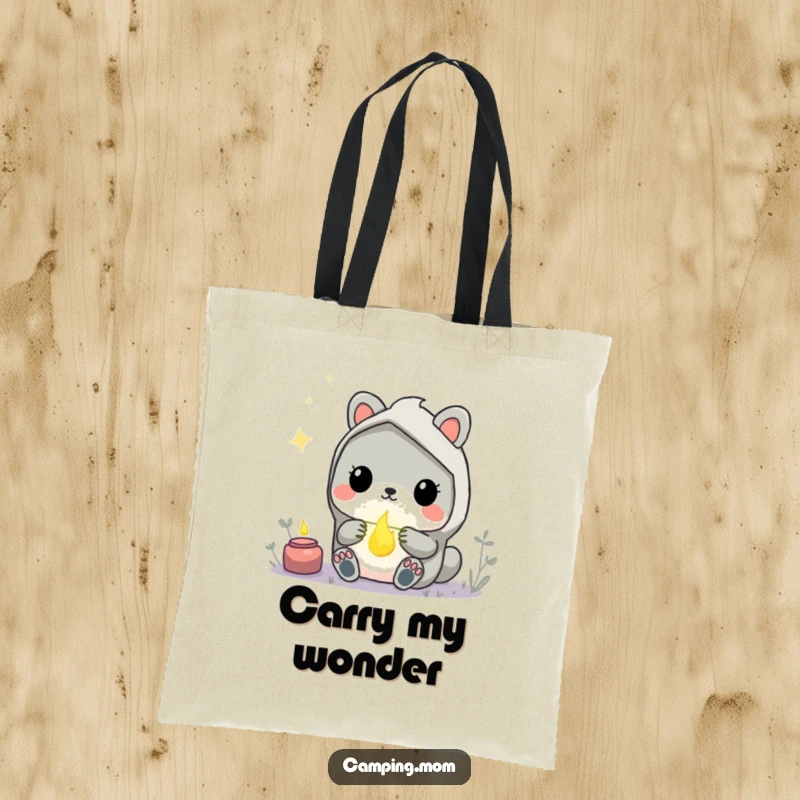 Funny Kawaii Camping Animal Tote Bag showcasing a creature mesmerized by a glowing firefly, perfect for carrying daily essentials.
